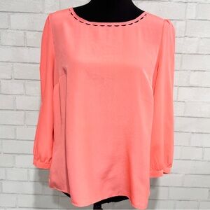J. Crew Factory Neon Coral Scallop Eyelet Boatneck 3/4 Sleeve Blouse